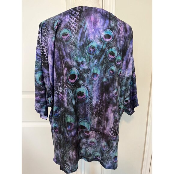 Vintage B.L.E.U. Peacock Patterned Dolman Sleeve Top Womens Size 2X Sparkle Boho - Picture 2 of 8